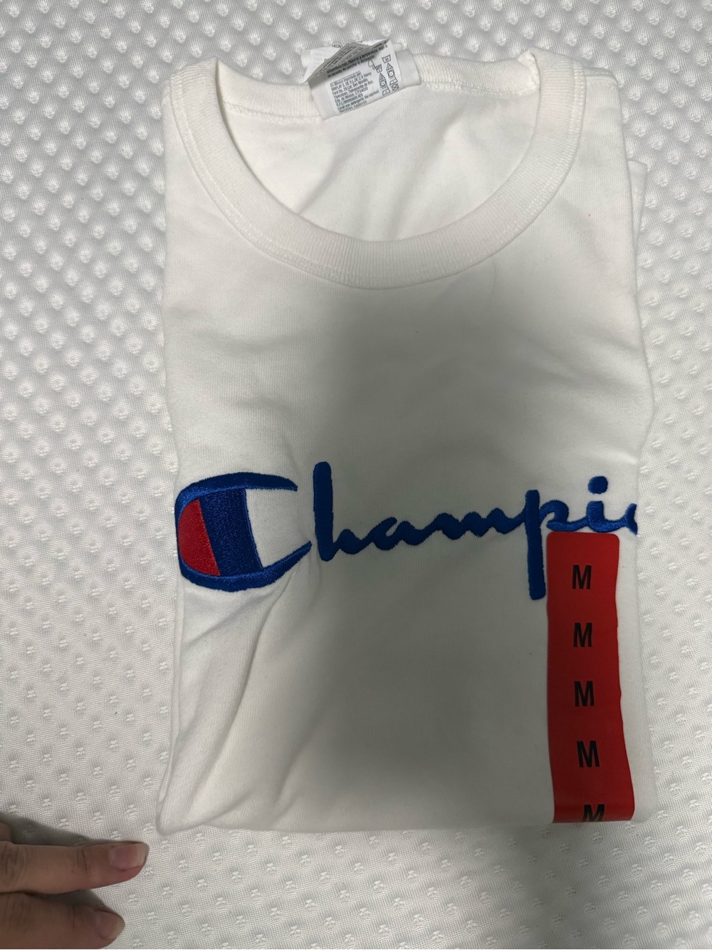 Champion White Tee with Blue Script and Red Accent
